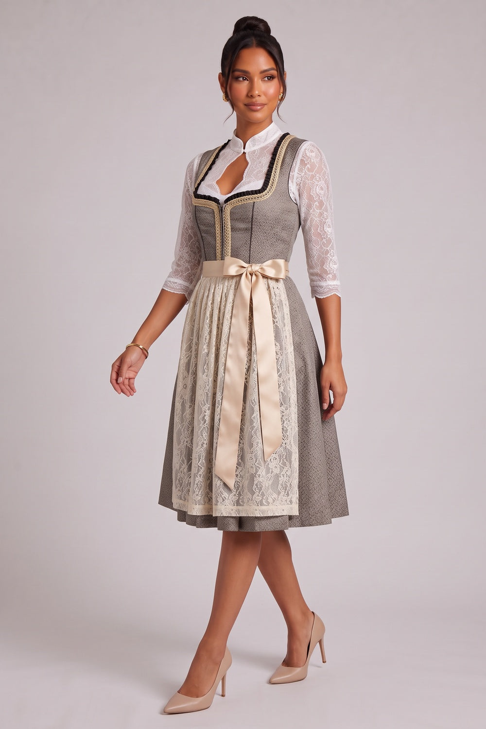 grey-brown melange textured woven jacquard fit-and-flare dirndl dress set grey-brown melange, cream-white textured woven jacquard dirndl dress set - product view 4