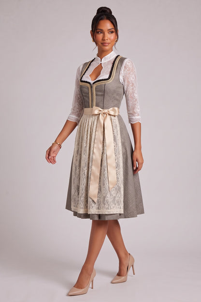grey-brown melange textured woven jacquard fit-and-flare dirndl dress set grey-brown melange, cream-white textured woven jacquard dirndl dress set - product view 4