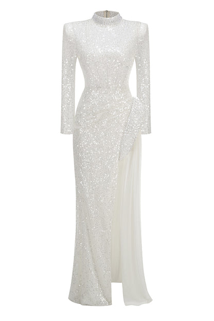 YVETTE PEARL EMBELLISHED SEQUIN MAXI DRESS IN WHITE
