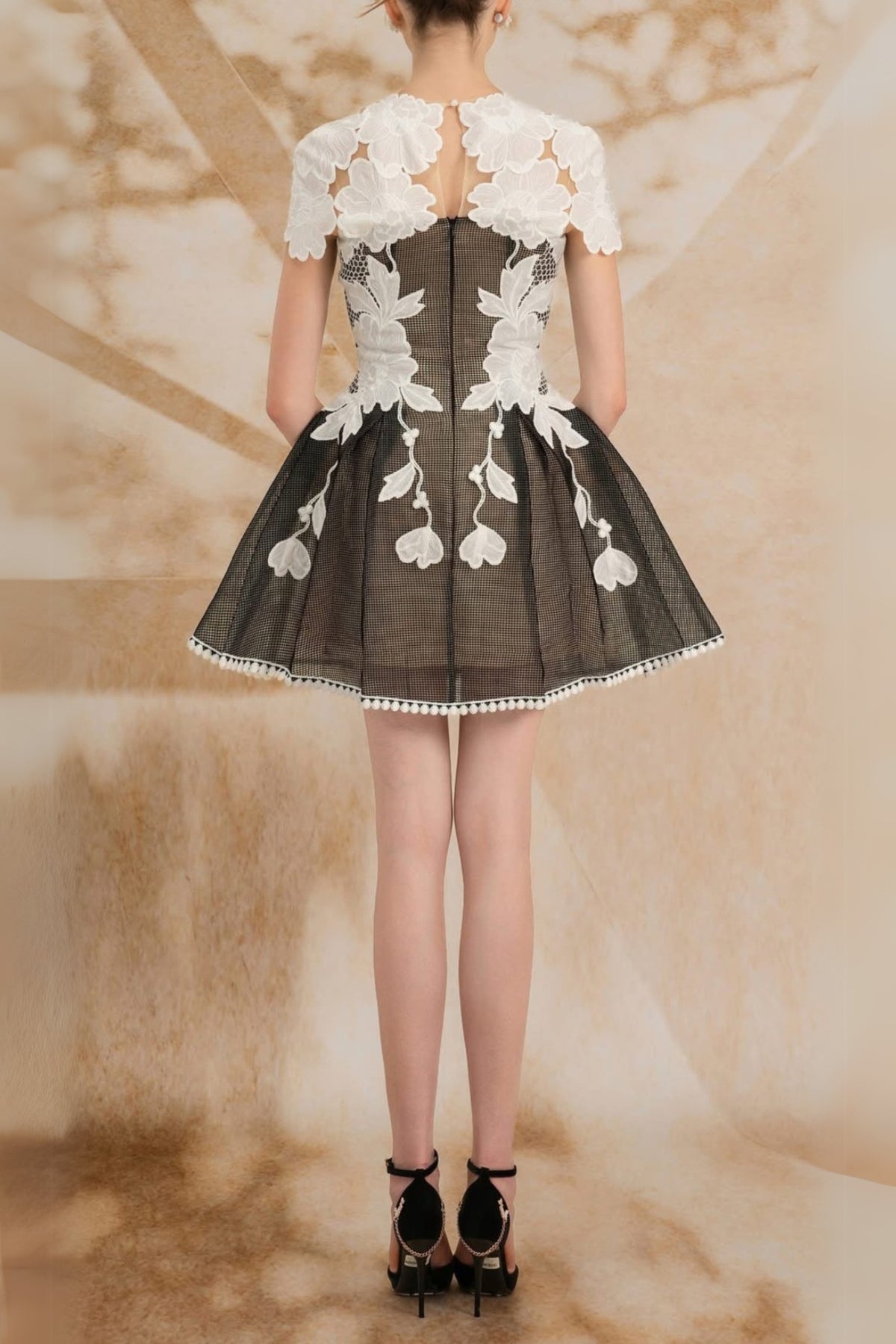black-white lace flower embellished mini dress