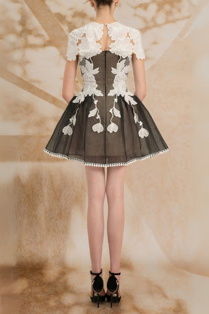 black-white lace flower embellished mini dress
