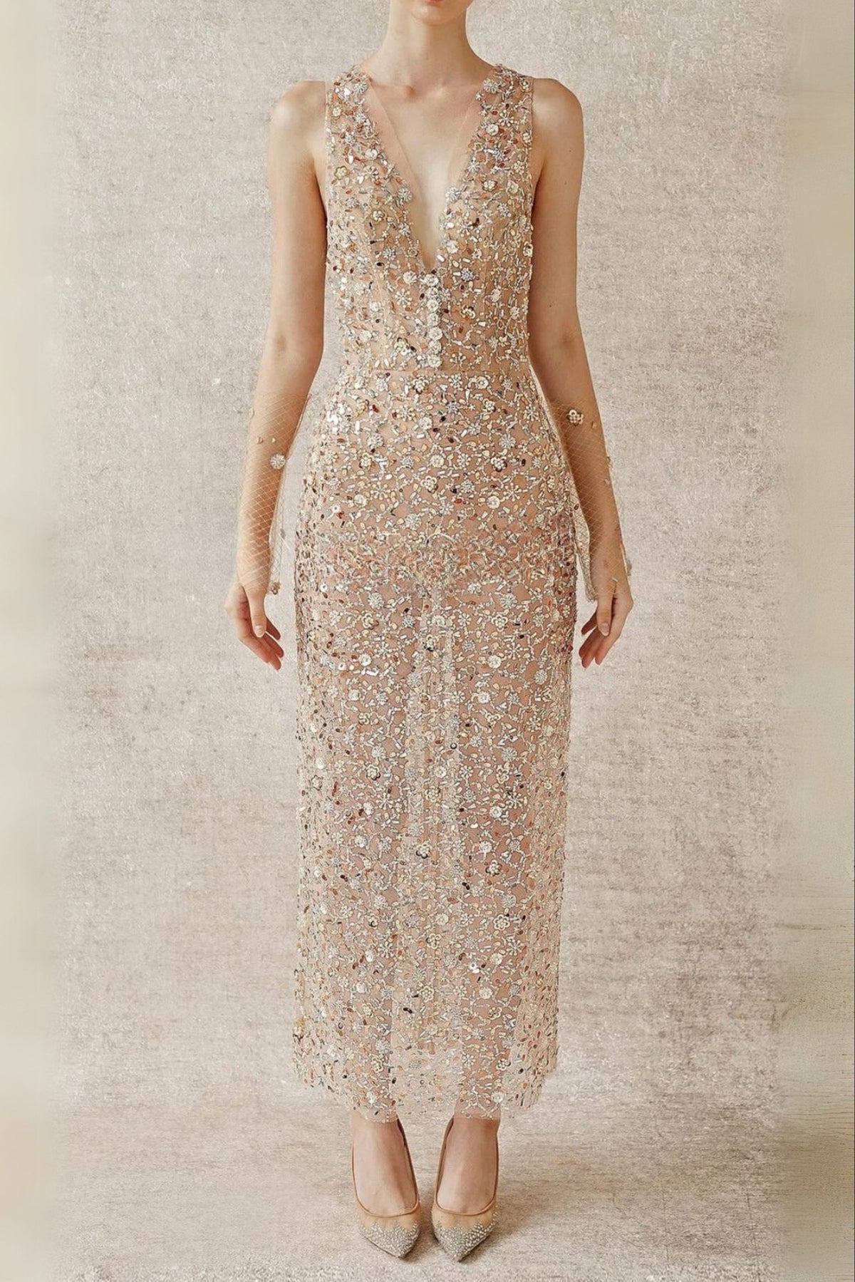 sleeveless flower Embroidery midi dress in beige