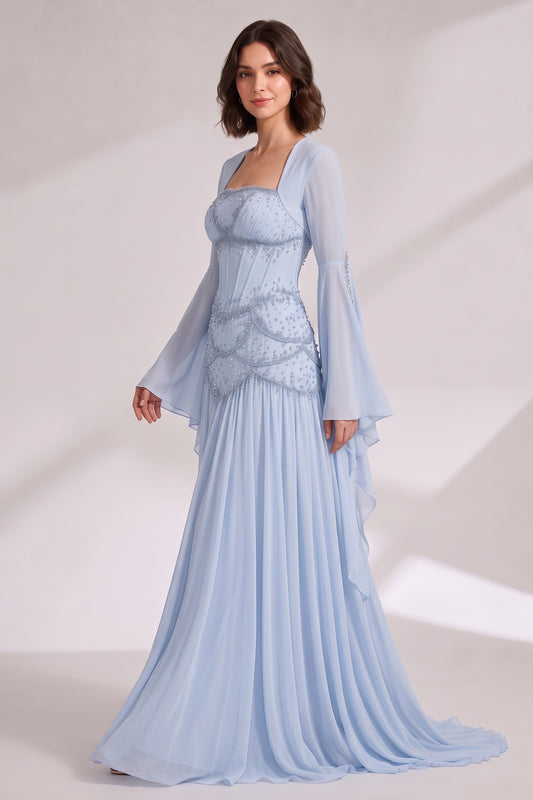 light blue chiffon A-line gown light blue chiffon gown - product view 3