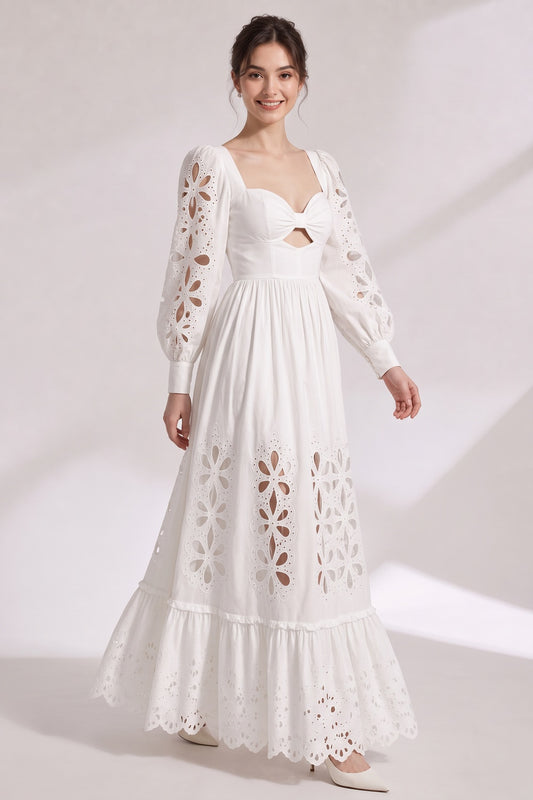 White Cotton Poplin A-Line Maxi Dress with Eyelet Embroidery white cotton poplin maxi dress - product view 1
