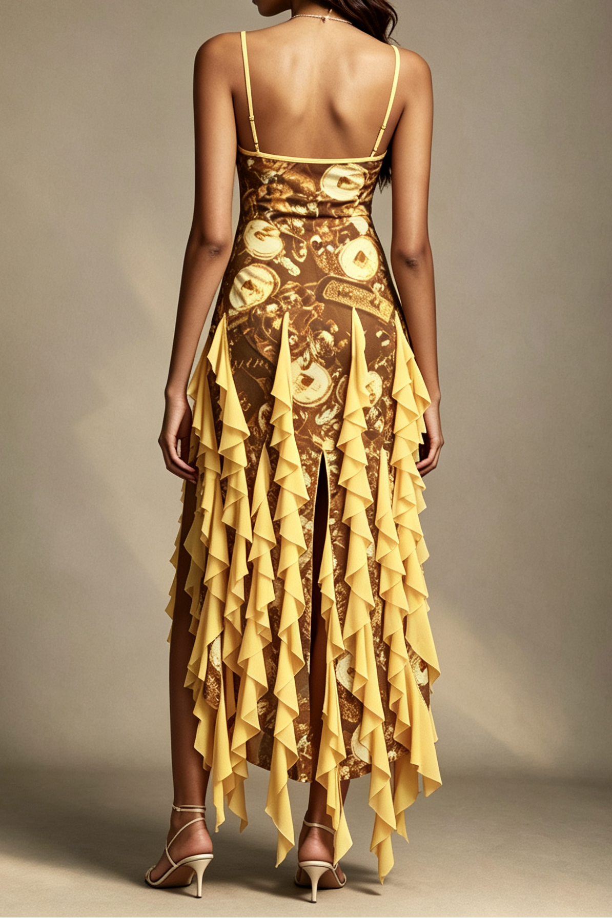 Golden Coin Vintage Print Halter V Neck Ruffle Trim High Side Slit Asymmetrical Chiffon Midi Dress