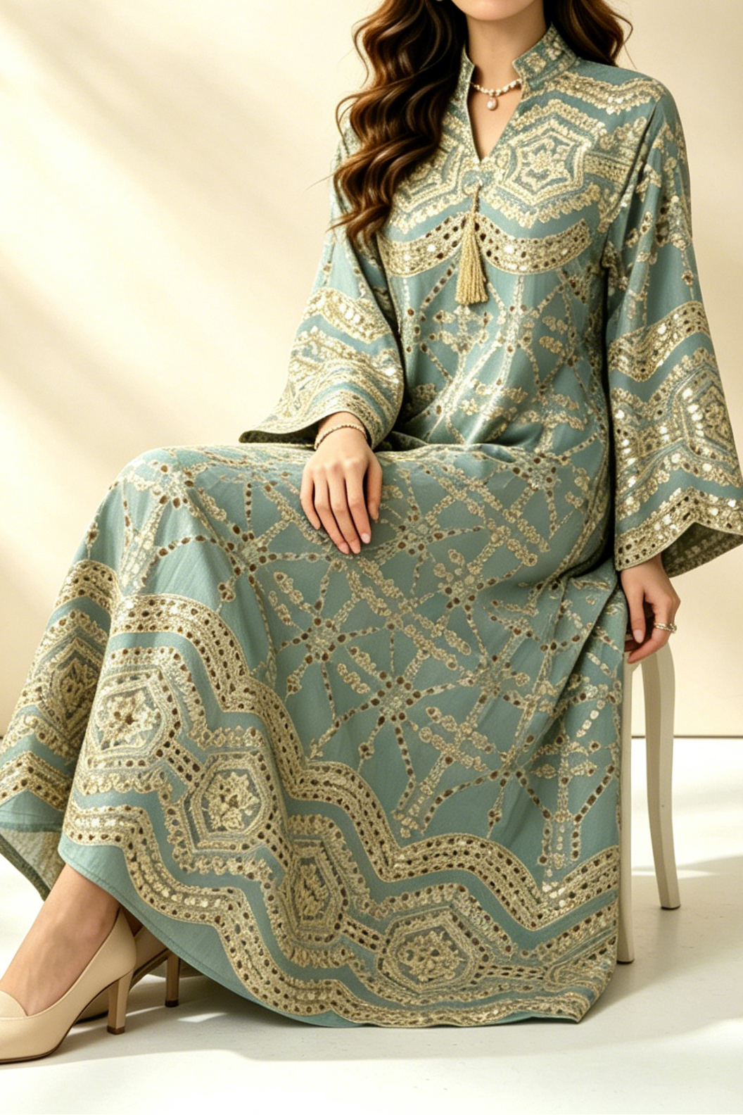 Sage Green Gold Sequin Embroidered Stand Collar Flare Sleeve Midi Kaftan Dress