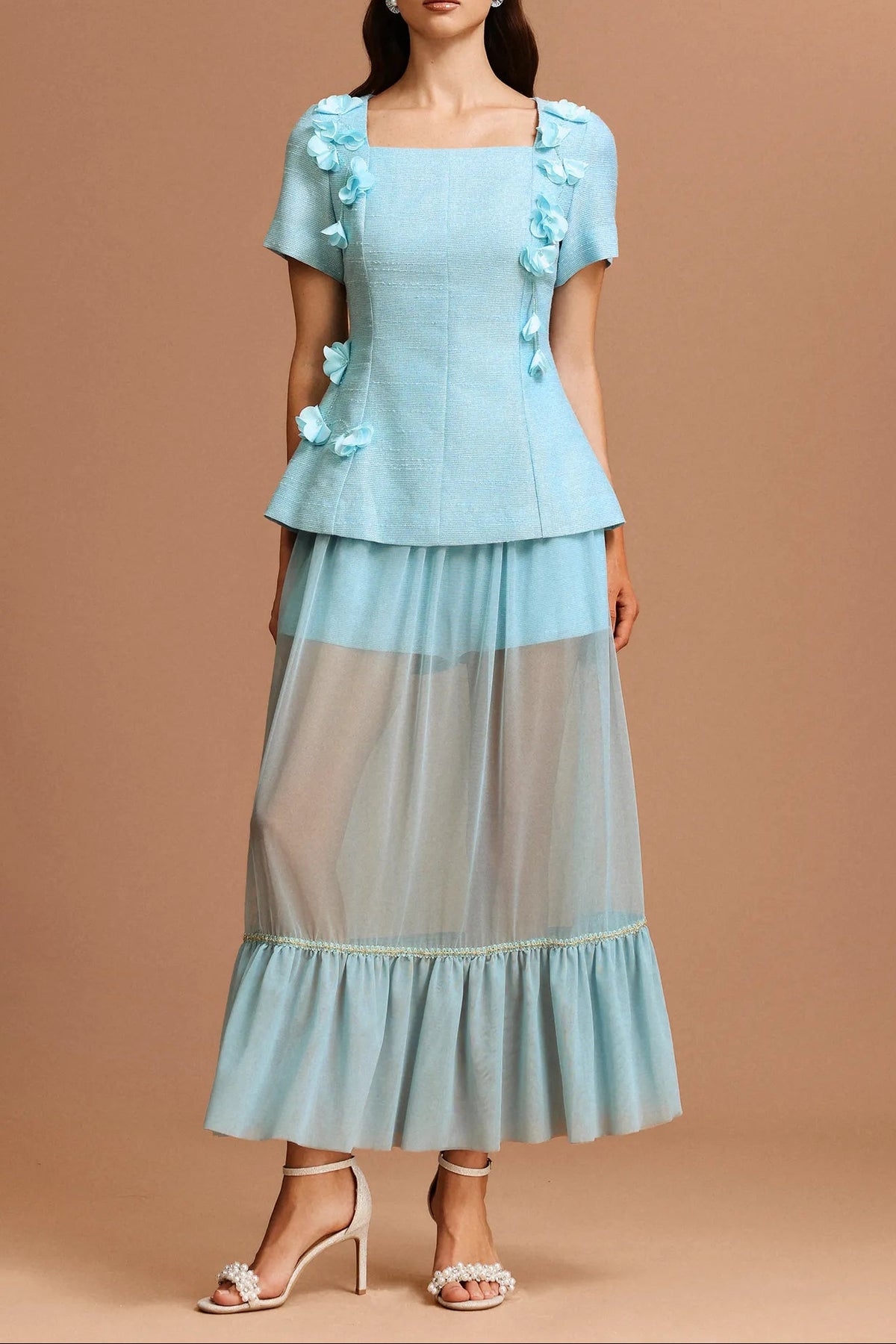 ursula blue Short Sleeves Flowers Folds Top And Skirt Two-Piece Set