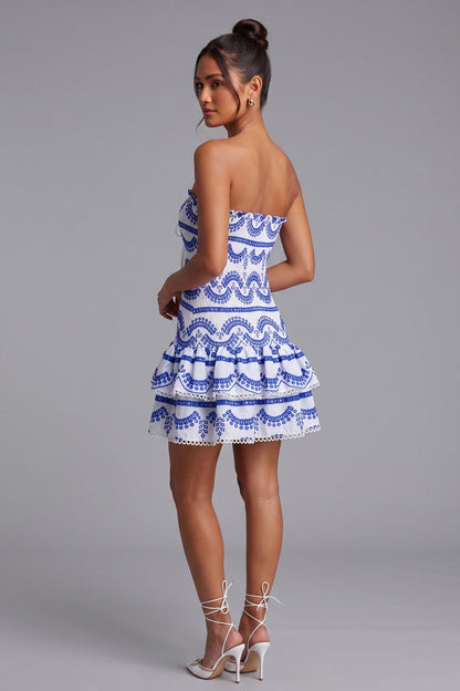 White Cotton Fit-and-Flare Mini Dress with Royal Blue Embroidery white cotton dress - product view 3
