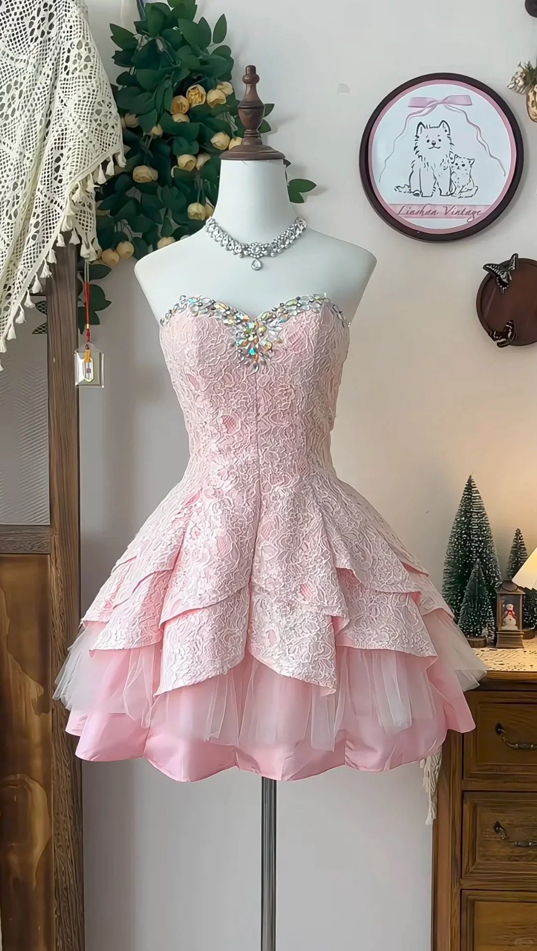 Pink Strapless Mini Tiered Dress