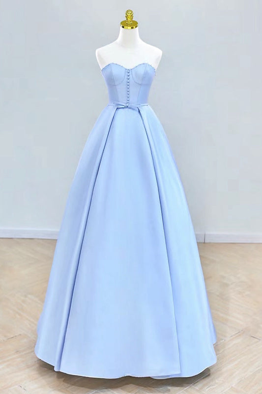 A-Line Sweetheart Neck Satin Blue Dress