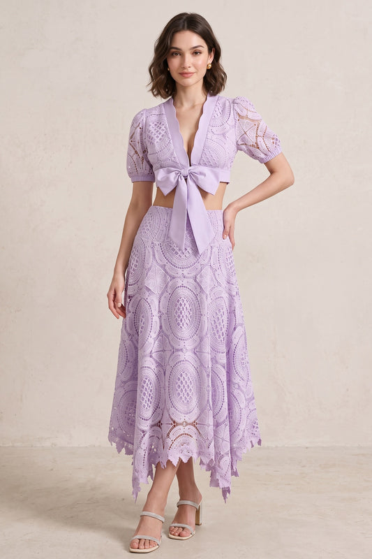 lavender openwork crochet-style lace fitted crop top and flared A-line skirt two-piece set lavender openwork crochet-style lace two-piece set - product view 1