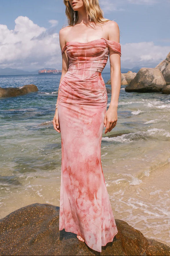 sylvia pink Off-shoulder Pleated Gradient-dyed maxi Dress