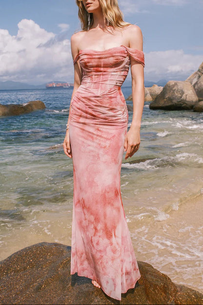sylvia pink Off-shoulder Pleated Gradient-dyed maxi Dress