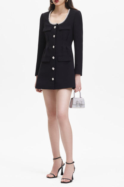 viola black Square Neck Rhinestone Pleated Mini Dress