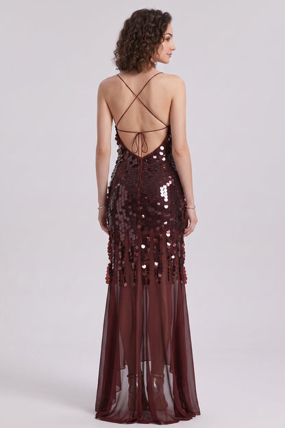 Burgundy Sequined Mesh Sheath with Flared Sheer Lower Skirt Evening Dress burgundy sequined mesh evening dress - product view 5