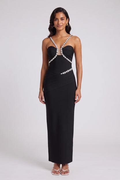 Black Heavy Stretch Knit Column Evening Gown with Crystal Embellishments black heavy stretch knit evening gown - product view 1