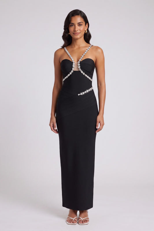 Black Heavy Stretch Knit Column Evening Gown with Crystal Embellishments black heavy stretch knit evening gown - product view 1