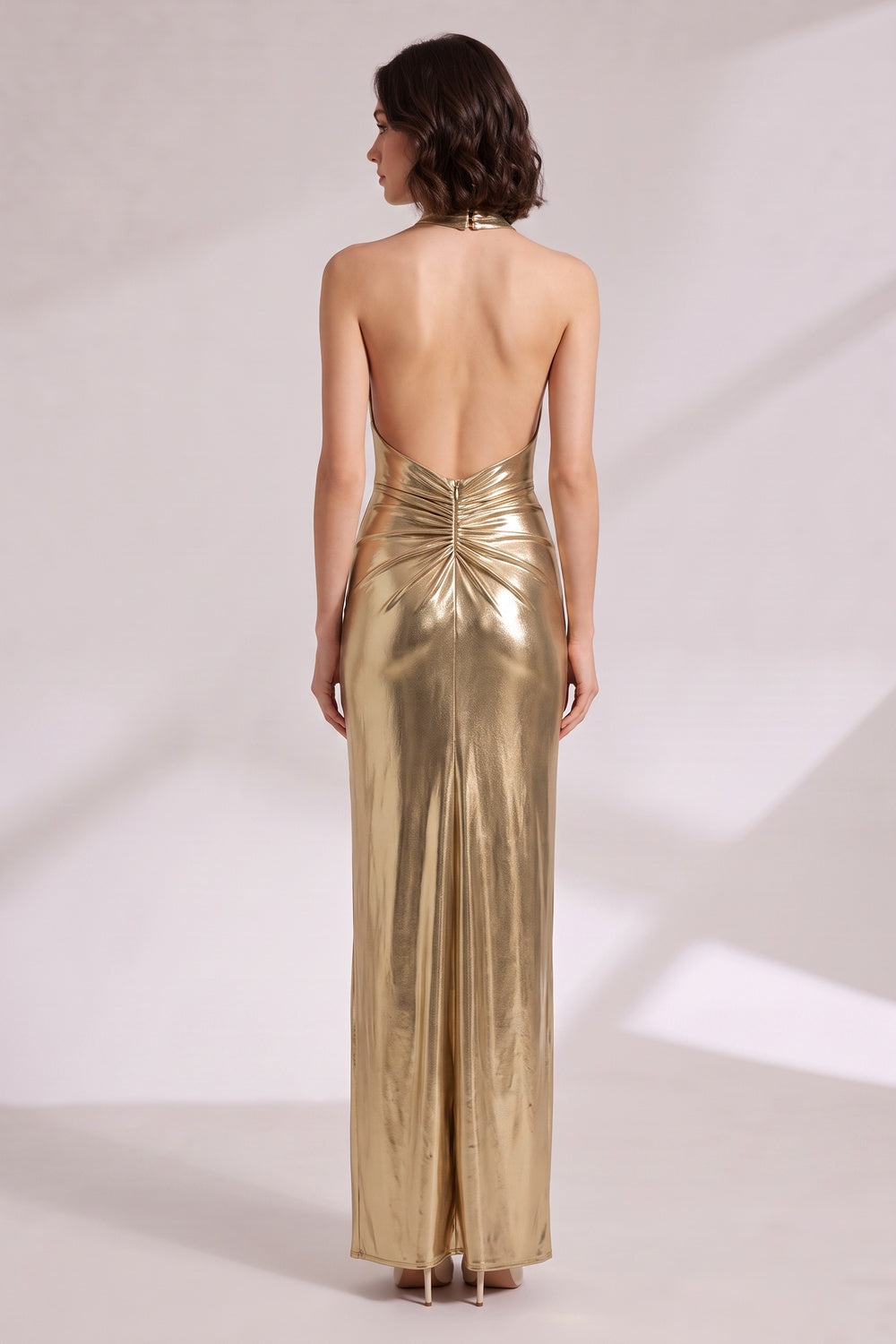 Gold Metallic Halter Neck Maxi Dress Premium Fabric - product view 2