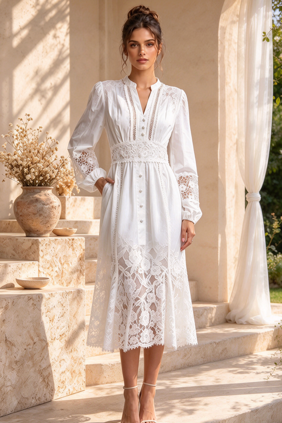 White Cotton Poplin Fit-and-Flare Dress with Lace Inserts