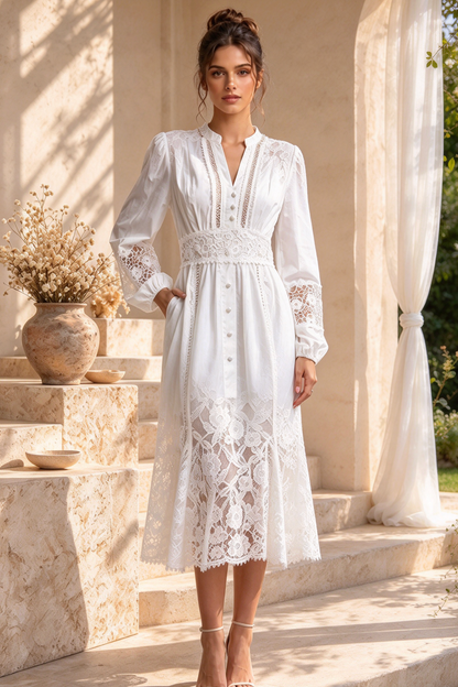 White Cotton Poplin Fit-and-Flare Dress with Lace Inserts