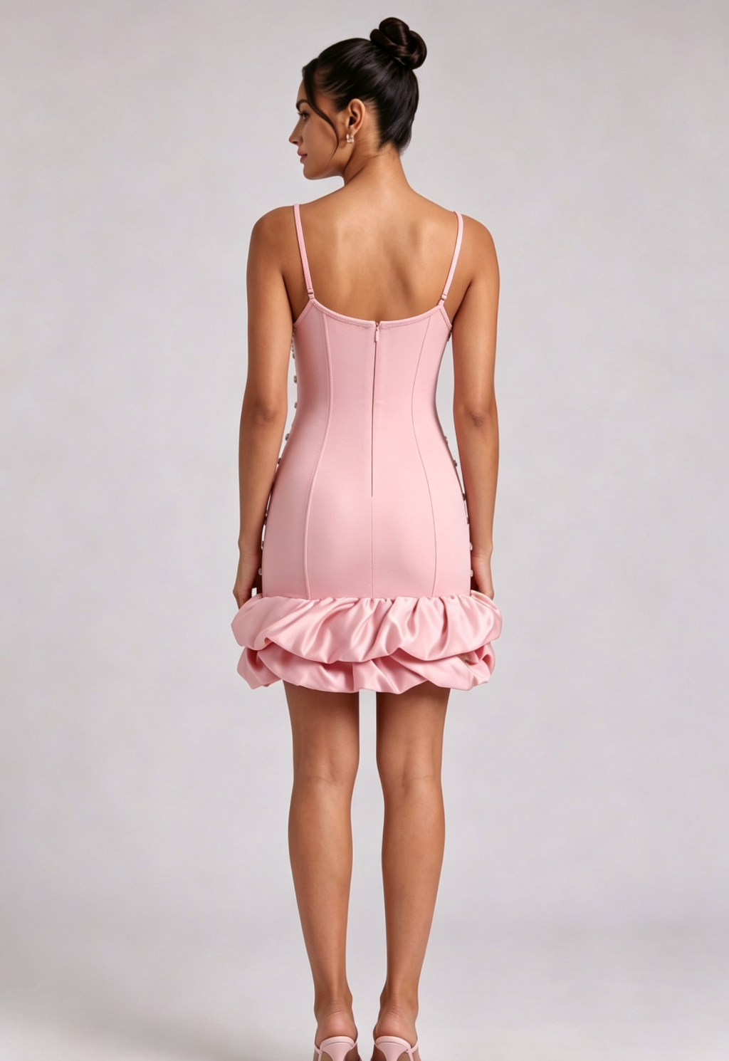 Light Pink Structured Crepe-Blend Bodycon with Bubble Hem Dress