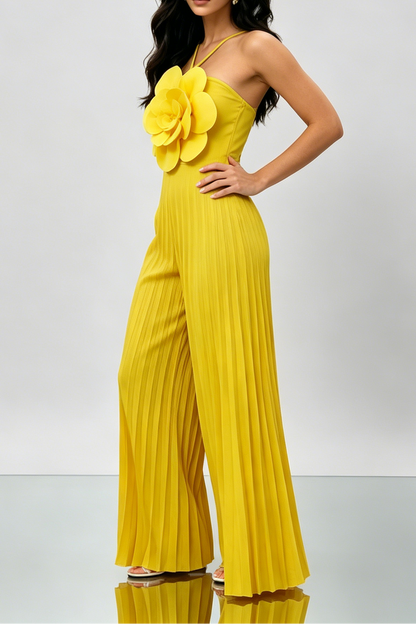 Bright Yellow 3D Floral Halter Pleated Wide Leg Jumpsuit