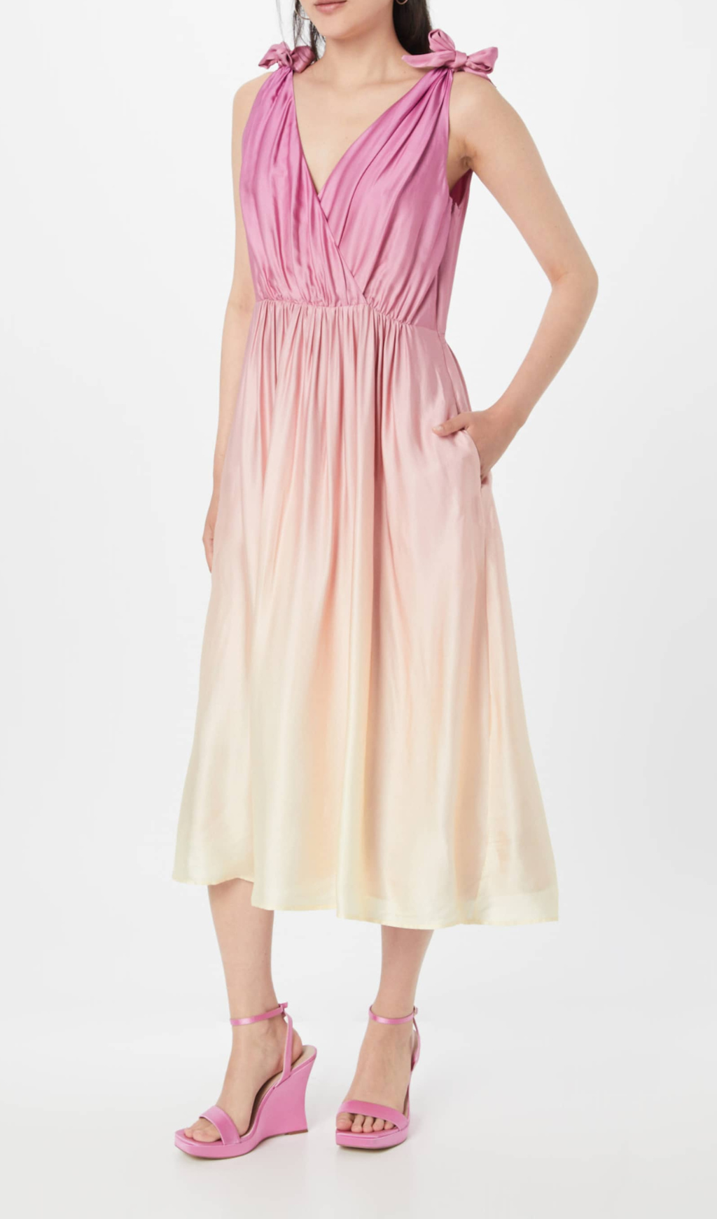 Wrap-over midi dress in pastel yellow without belt