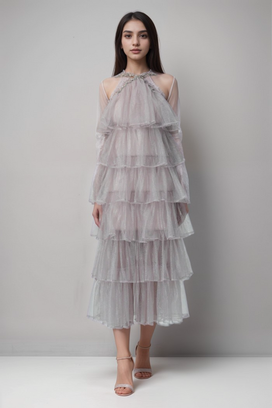 Layered Ruffle Halter Dress with Sparkle Sheer Fabric