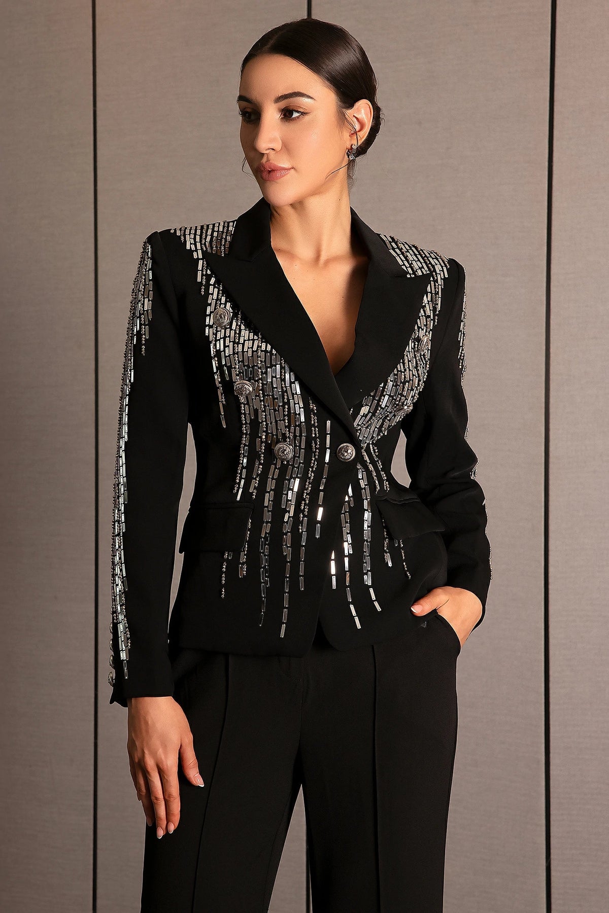 andrea Faidra Rhinestone Double Breasted Lapel Blazer in black