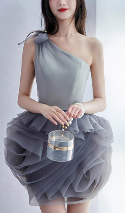 ONE SHOULDER MESH MINI DRESS IN GREY
