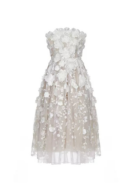 anna crystal floral embroidery midi dress in white