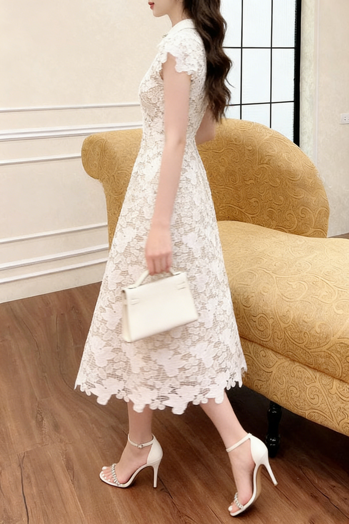 leila white 3D Flower embroidery Bow Lace midi Dress