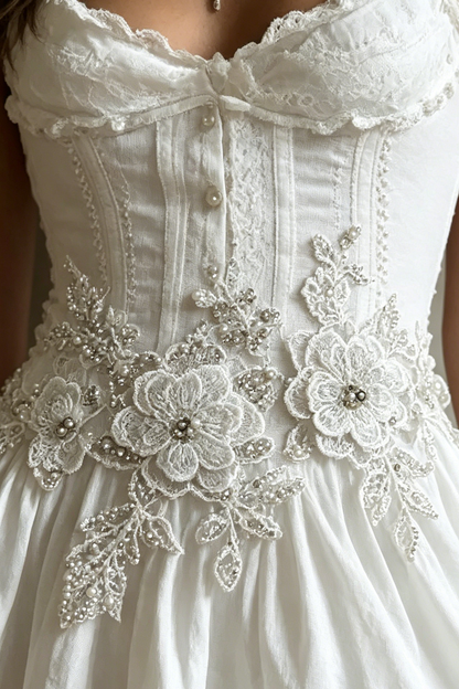Corset-Style Embroidery Lace Trim Tiered Midi Dress