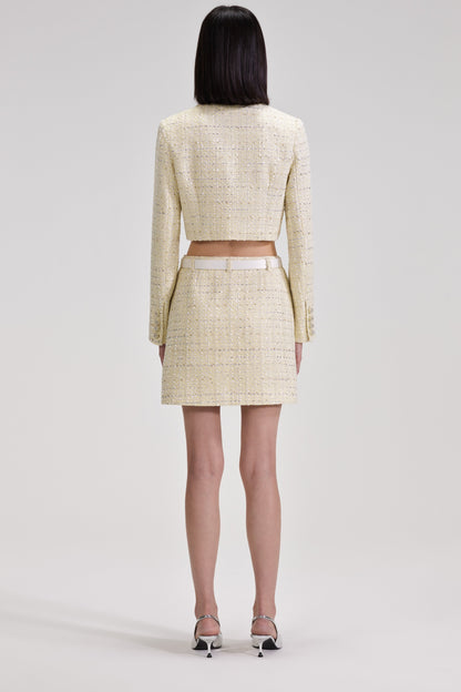YELLOW COLOR LIGHT THIN TWEED SHORT COAT & SKIRT