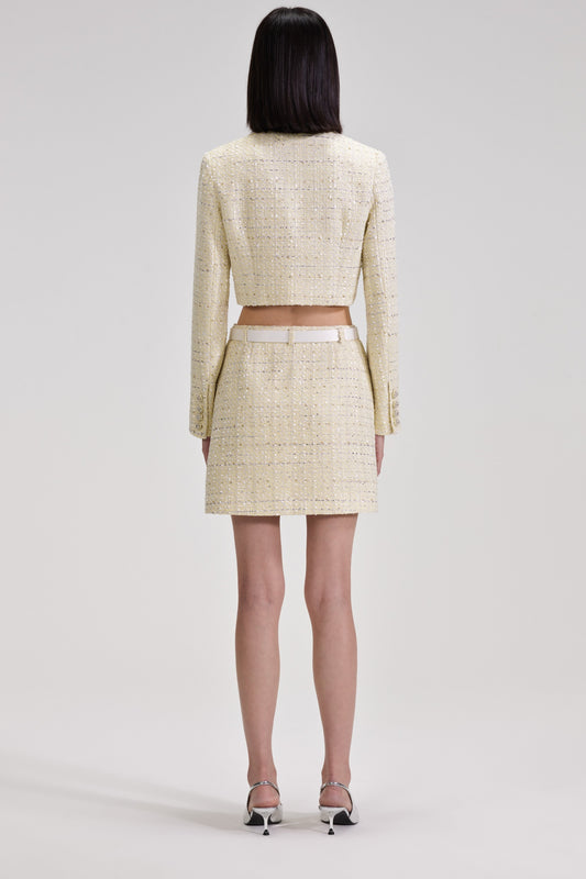 YELLOW COLOR LIGHT THIN TWEED SHORT COAT & SKIRT