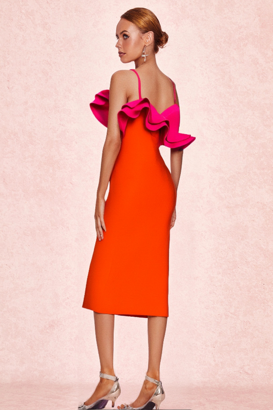 SIMONA ORANGE RUFFLE STRAP BANDAGE MAXI DRESS