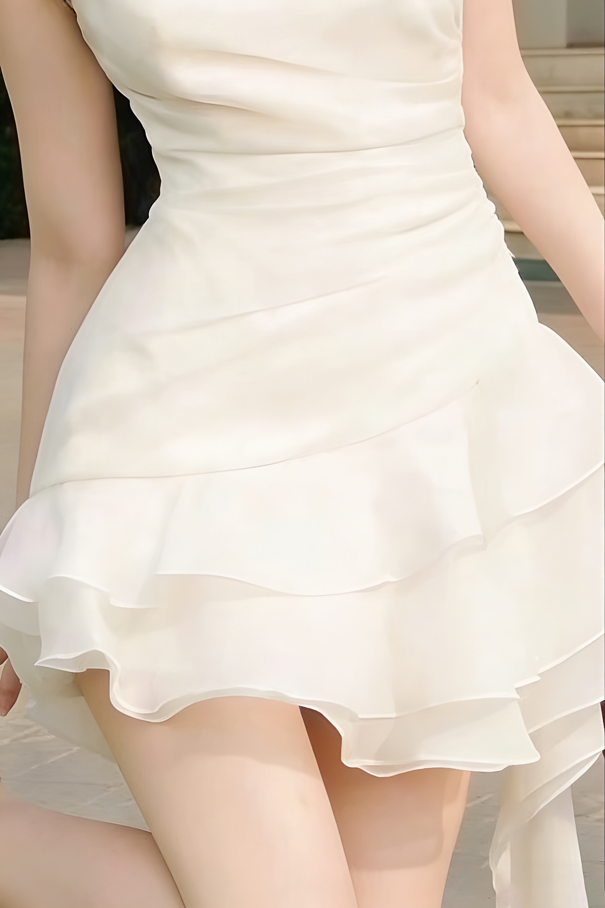 Flower one shoulder ruffle mini dress in white