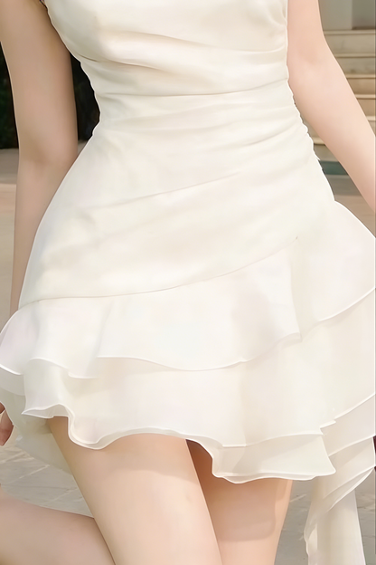 Flower one shoulder ruffle mini dress in white