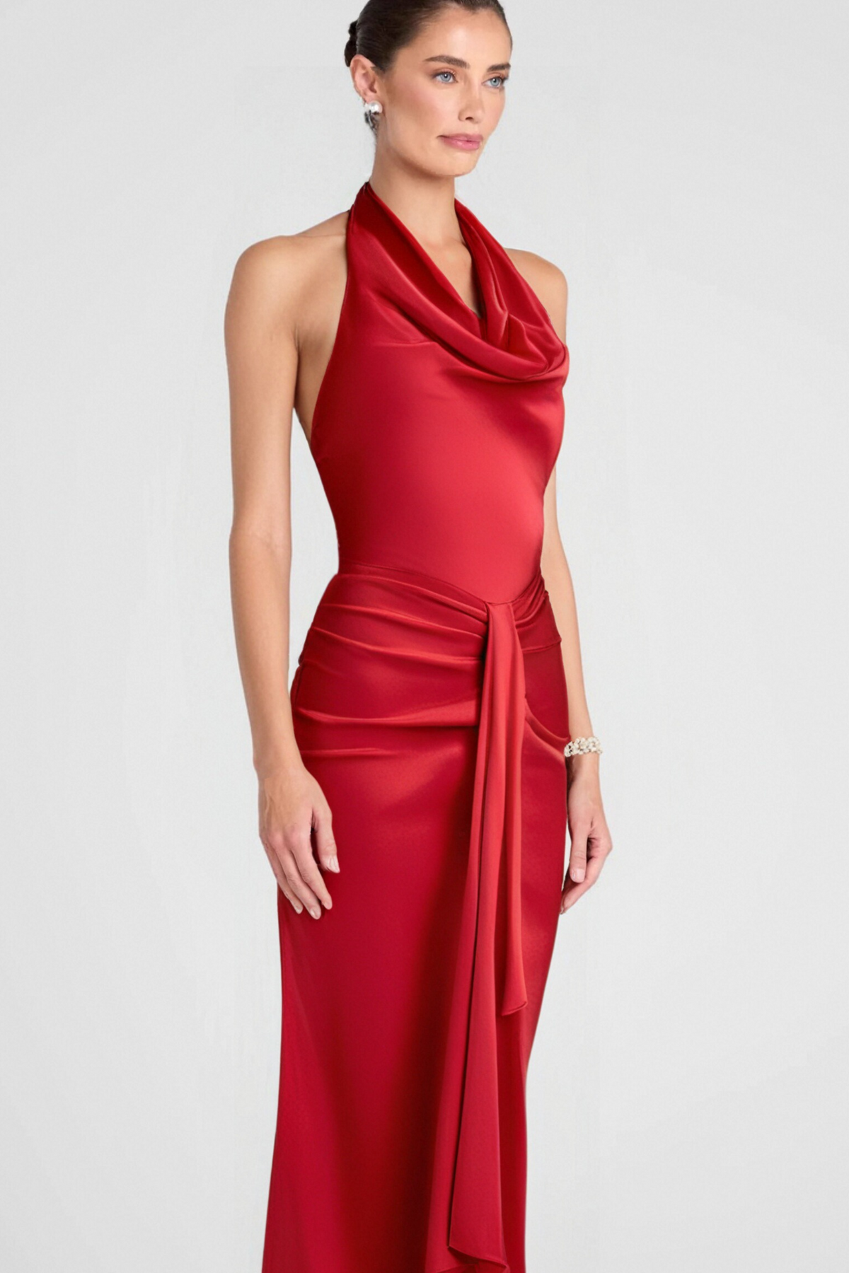 HALTER DRAPED SATIN MERMAID MAXI DRESS IN RED