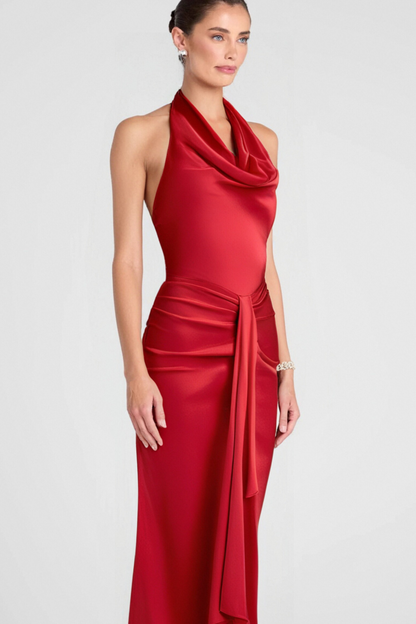 HALTER DRAPED SATIN MERMAID MAXI DRESS IN RED