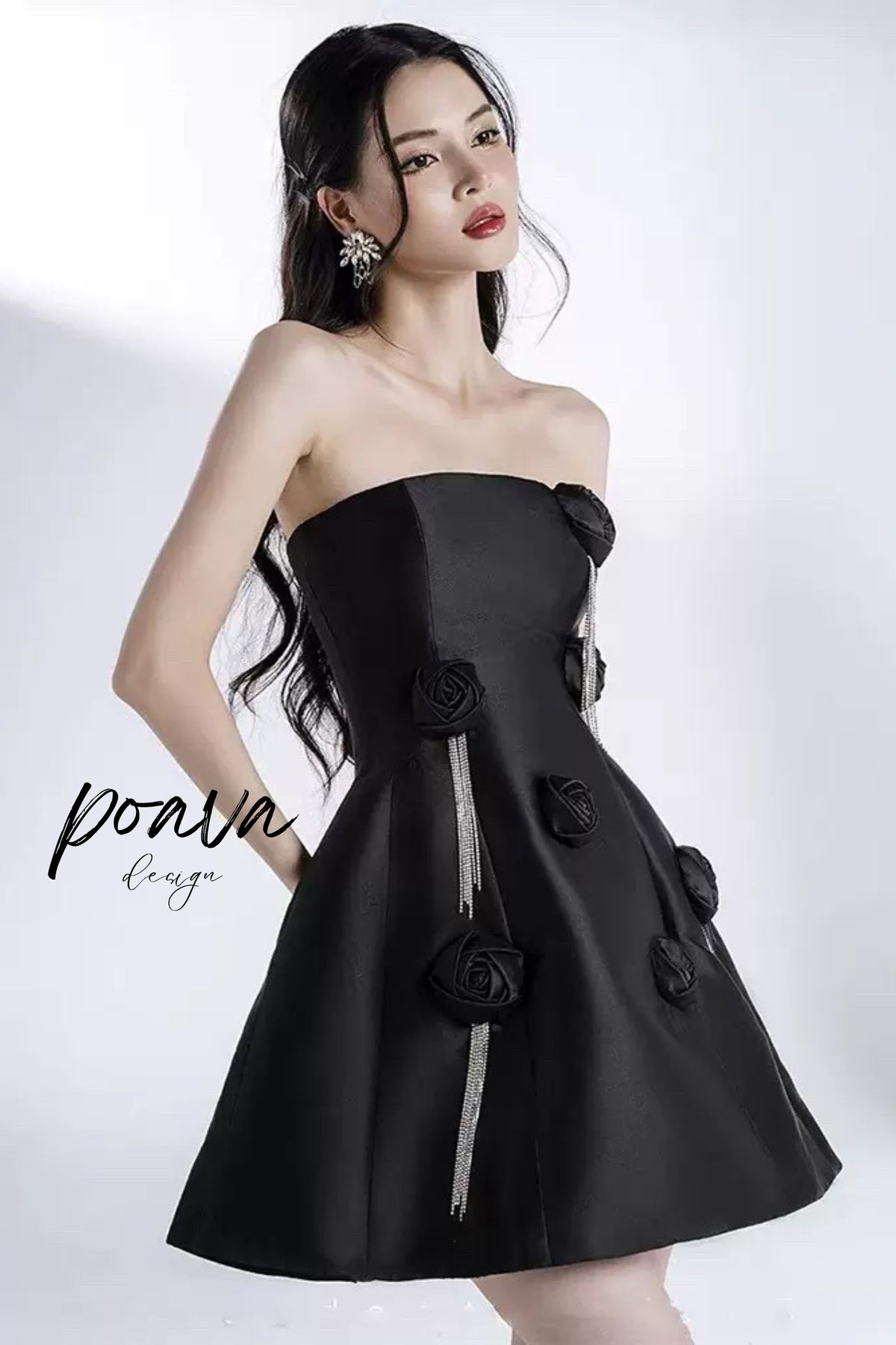 Satin Flower Ornament Mini Dress In Black