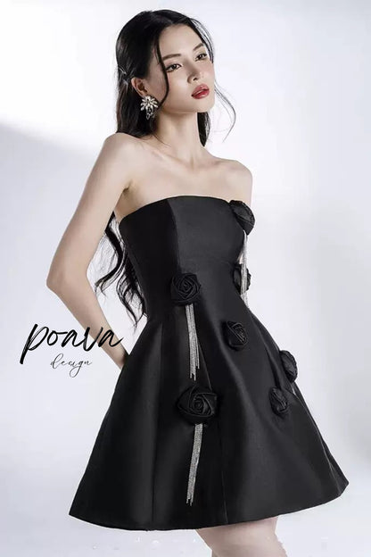 Satin Flower Ornament Mini Dress In Black
