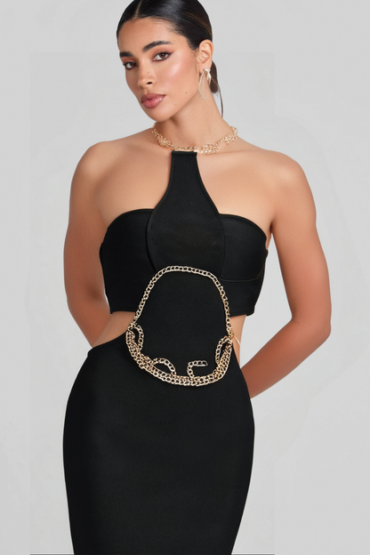 GOLD CHAIN WAIST CUTOUT BANDAGE DRESS