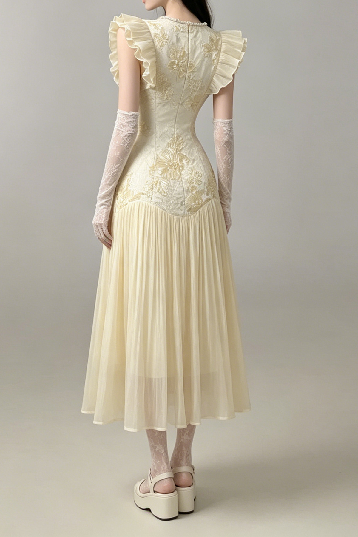 Cream Lace Floral Embroidered Maxi Dress with Ruffled Sleeves