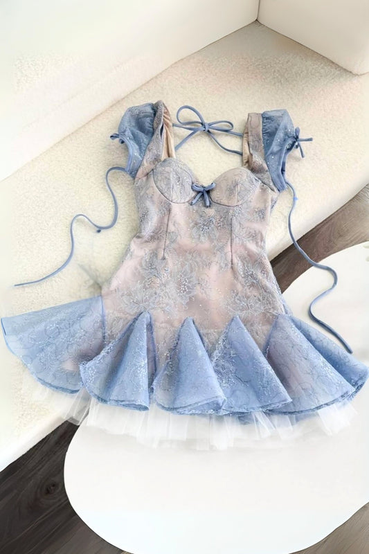 Lace embroidery puffy mini dress in blue