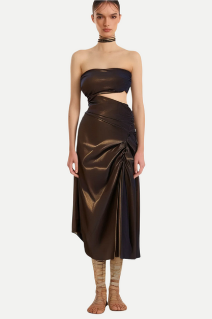 STRAPLESS CUTOUT LEATHER MIDI DRESS