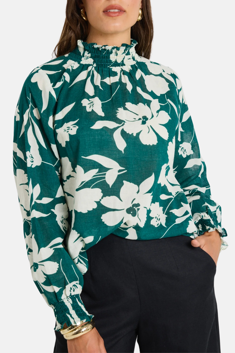 Affection Forest Floral Shirred High Neck LS Top