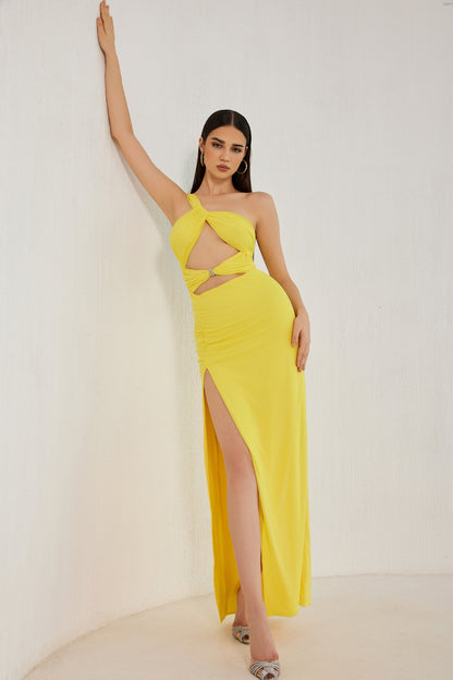 Annora One Shoulder Mesh Slit Maxi Dress