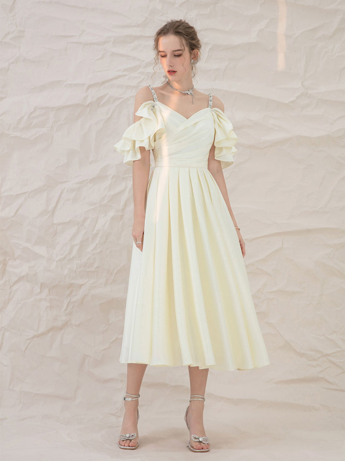 Light yellow satin midi prom dress