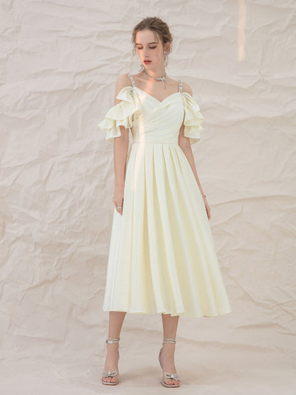 Light yellow satin midi prom dress